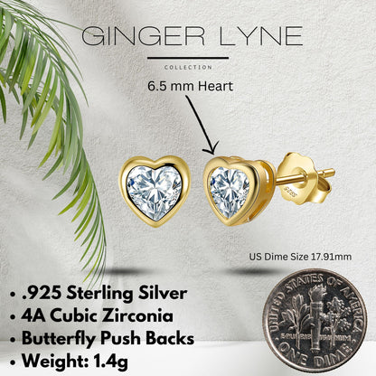 Heart Earrings for Women by Ginger Lyne Gold Plated Sterling Silver Stud Solitaire Cubic Zirconia - Gold