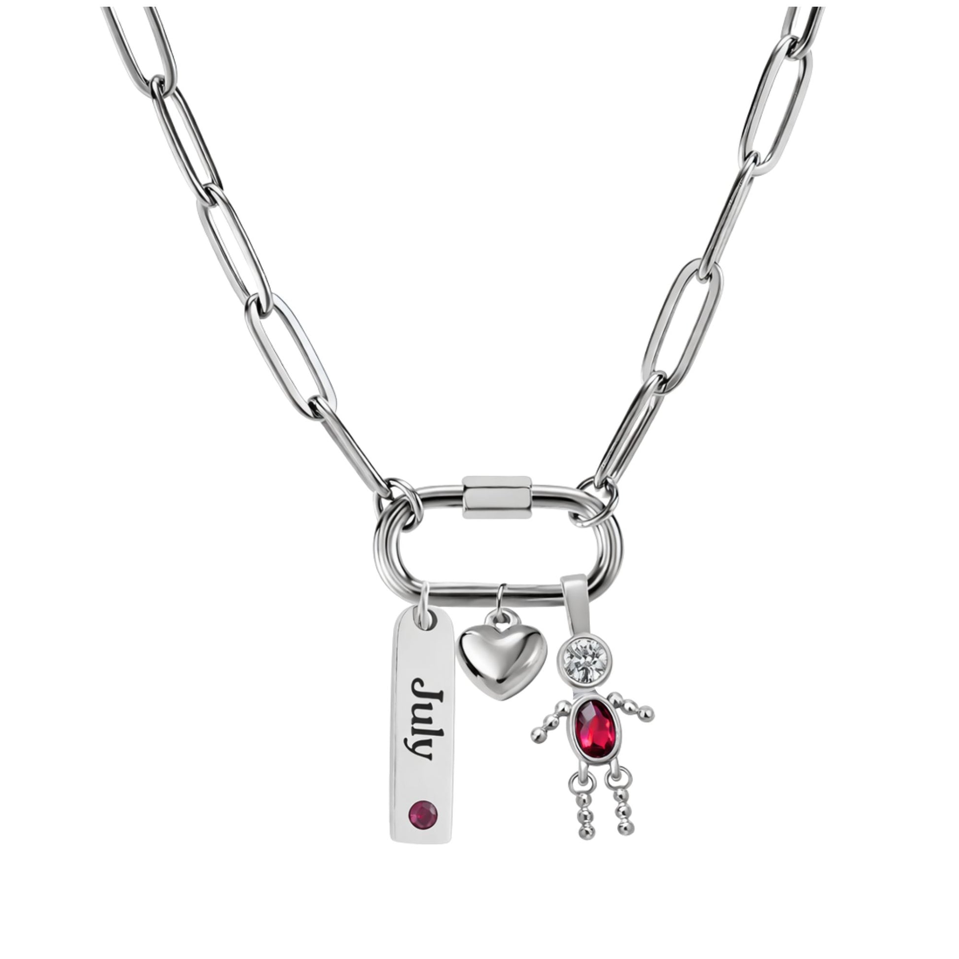 CarabinerFamilyBirthstoneNecklaceforMomorGrandmabyGingerLyneStainlessSteelCZBirthdayCharms_Male-July-Silver-1
