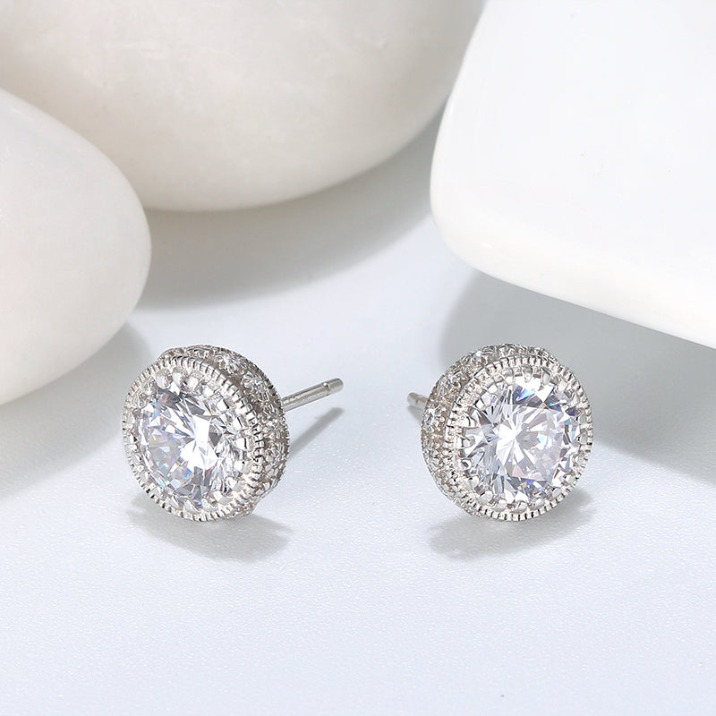 Halo 3D Stud Earrings for Women Round Sterling Silver Clear Cz Ginger Lyne Collection
