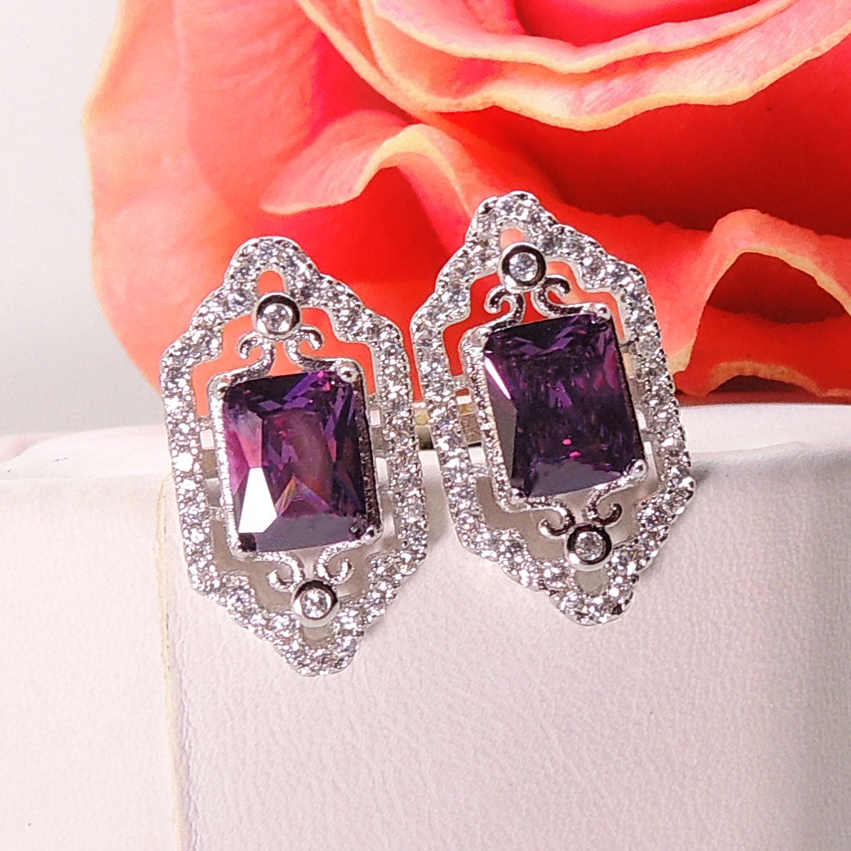 Gigi Filigree Stud Earrings Emerald Cut Purple CZ Womens Ginger Lyne Collection