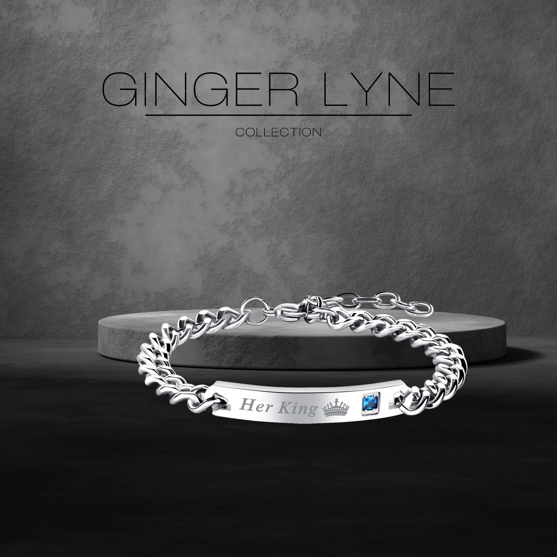 HisQueenorHerKingBraceletforWomenbyGingerLyneStainlessSteelIDStylePinkCZAdjustableto7.5"_Mens-3