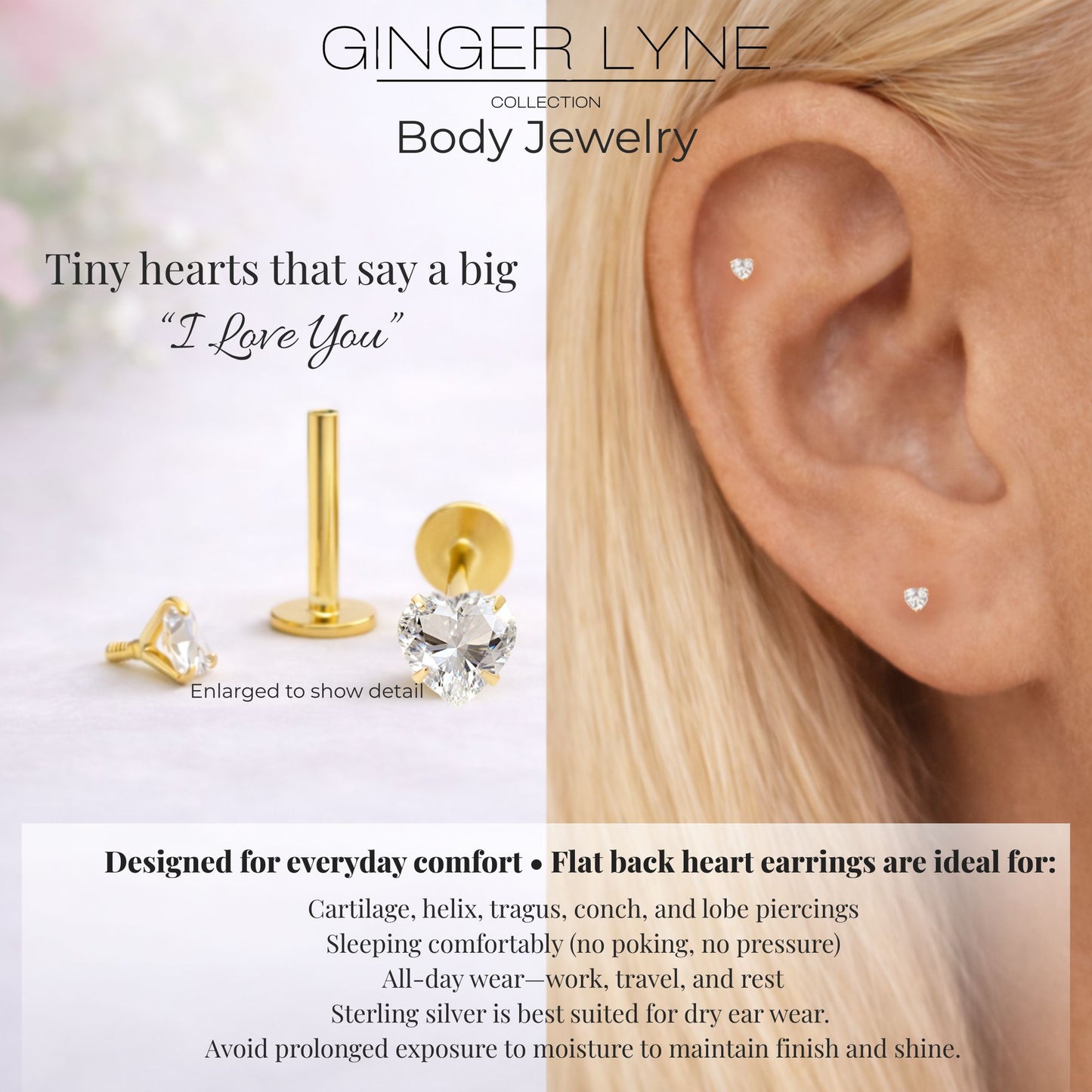 Ginger Lyne Solitaire Heart Flat Back Stud Earrings Sterling Silver Cubic Zirconia Body Jewelry - Gold-3mmCZ-16G-8mmPost