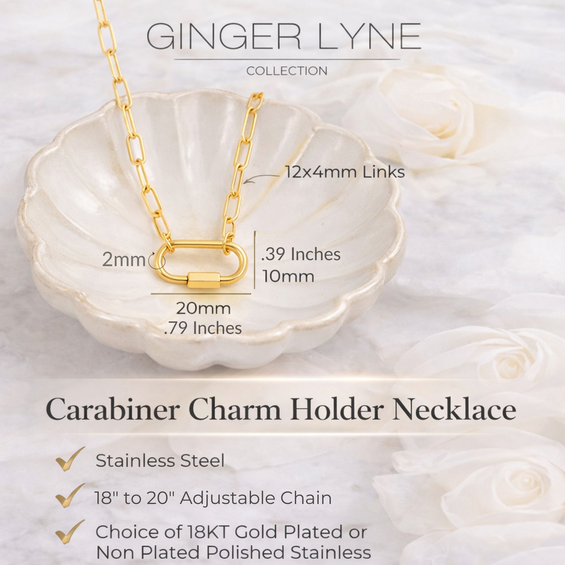 Carabiner Charm Holder Necklace for Women by Ginger Lyne 18KT Gold Plated Stainless Steel 18-20"