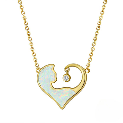 Cat Heart Pendant Necklace for Women Blue Fire Opal CZ Sterling Silver Ginger Lyne Collection - Gold