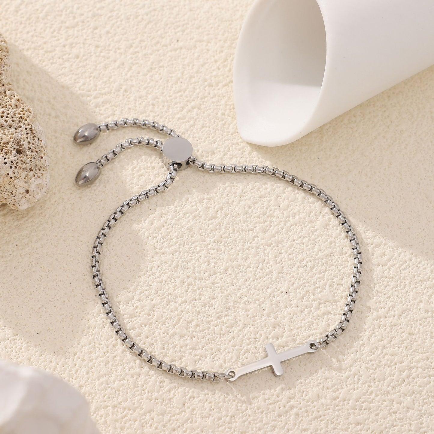 Religious Cross Bracelet by Ginger Lyne Adjustable Stainless Steel Chain Silver or Gold Finish - Silver