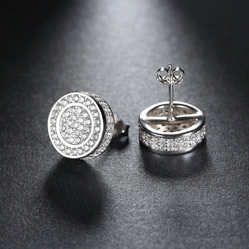 Round Stud Earrings for Women 3D CZ Iced Out White Gold Plated Ginger Lyne Collection - Silver