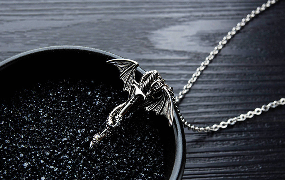 Dragon Dagger Necklace for Men or Women Stainless Steel Biker Goth Ginger Lyne Collection