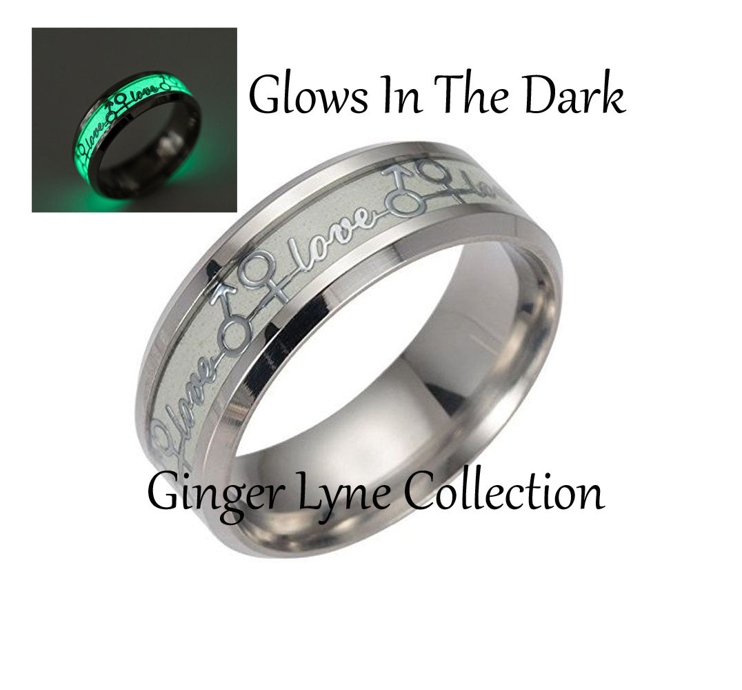 Love Glow In Dark Wedding Band Ring Stainless Steel Men Women Ginger Lyne Collection - Green,7