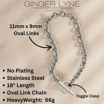 Oval Link Toggle Necklace for Women Heavy Weight 14KT Gold Plated Stainless Steel 18"Ginger Lyne Collection