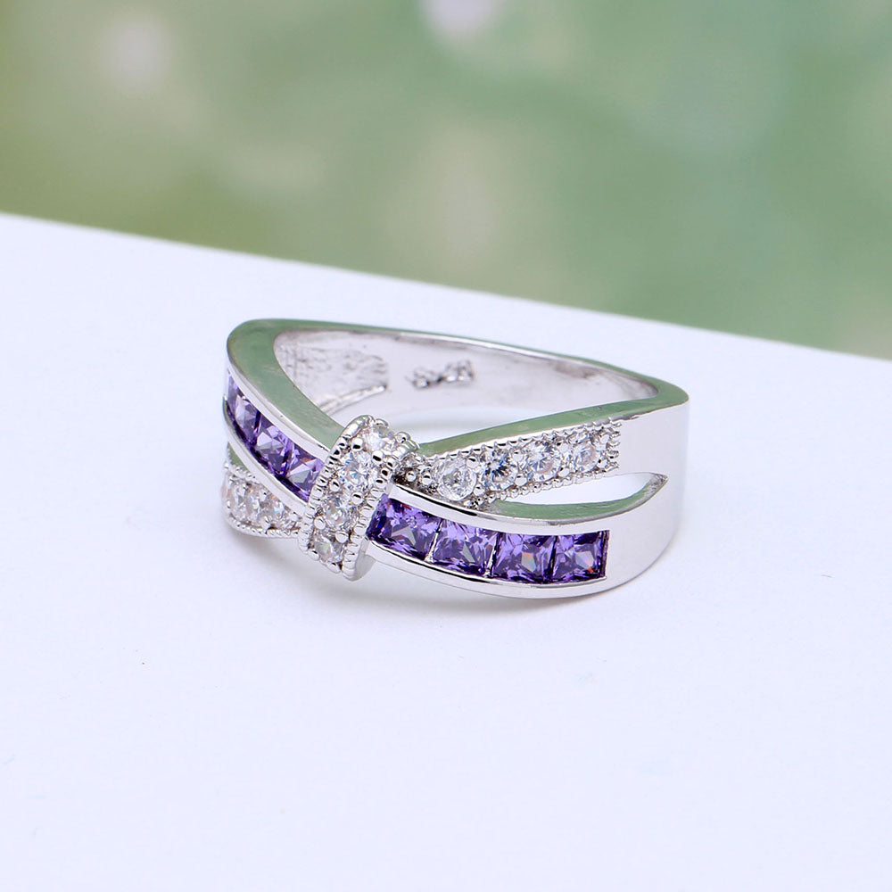 VerandaWeddingBandRingCrossKnotCzWgoldPlatedWomensGingerLyneCollection_Silver/Purple-2