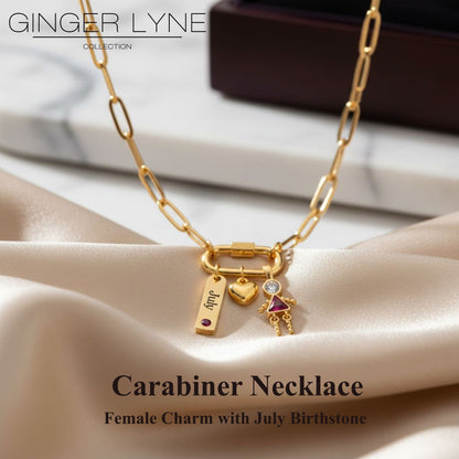 Carabiner Family Birthstone Necklace for Mom or Grandma by Ginger Lyne Stainless Steel CZ Birthday Charms_Female-July-Gold-2