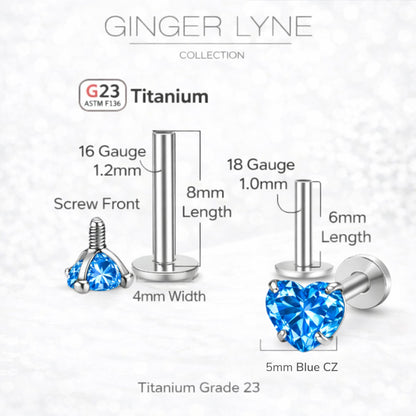 Small Heart CZ Solitaire Flat Back Stud Earrings Body Piercings by Ginger Lyne 2 Sets Post 6mm 8mm Included - 5mm-Blue