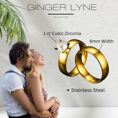 Kindall Wedding Ring Set for women Gold Stainless Steel Engagement Ring and Band by Ginger Lyne