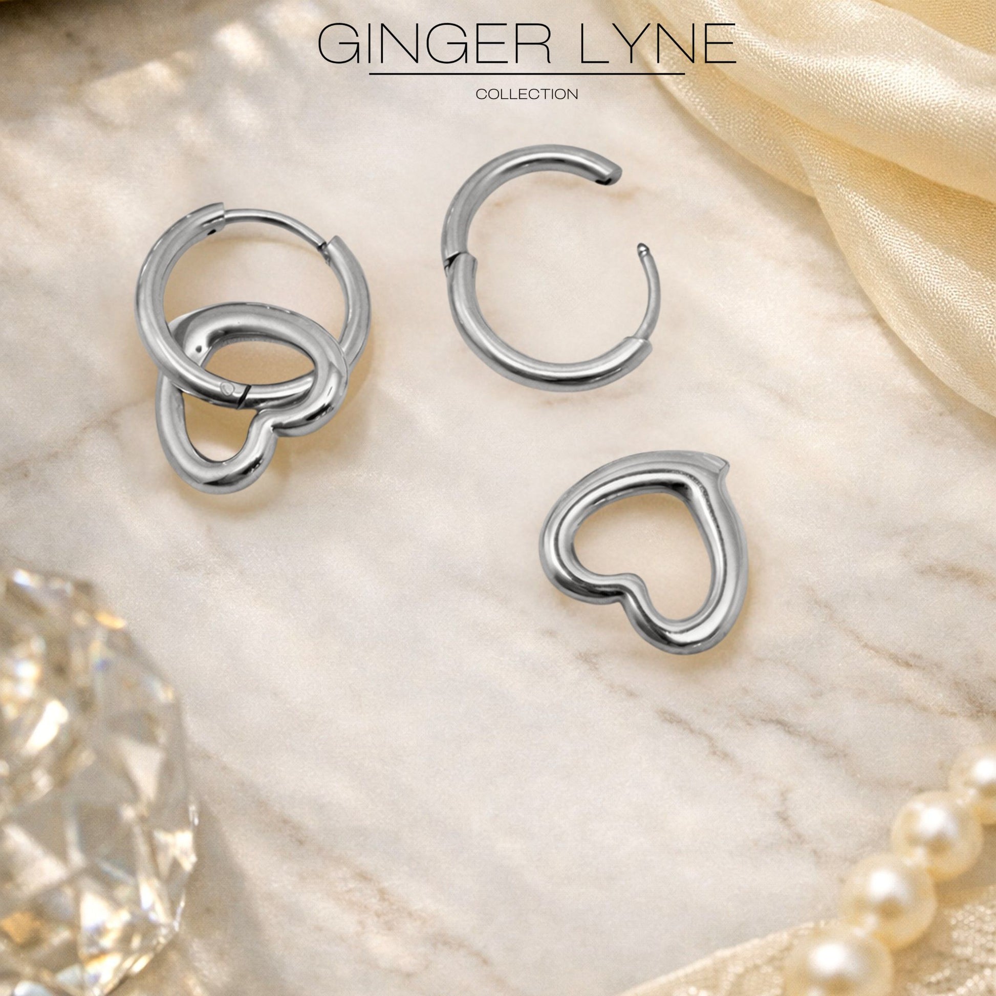 Open Heart Charm Dangle Huggie Hoop Earrings Stainless Steel by Ginger Lyne - Silver Tone