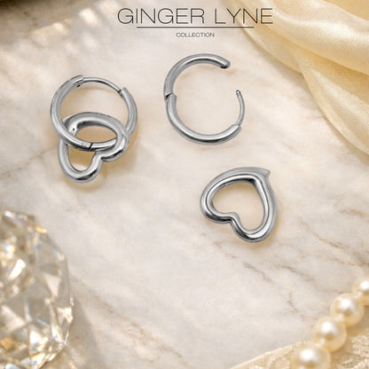 Open Heart Charm Dangle Huggie Hoop Earrings Stainless Steel by Ginger Lyne - Silver Tone