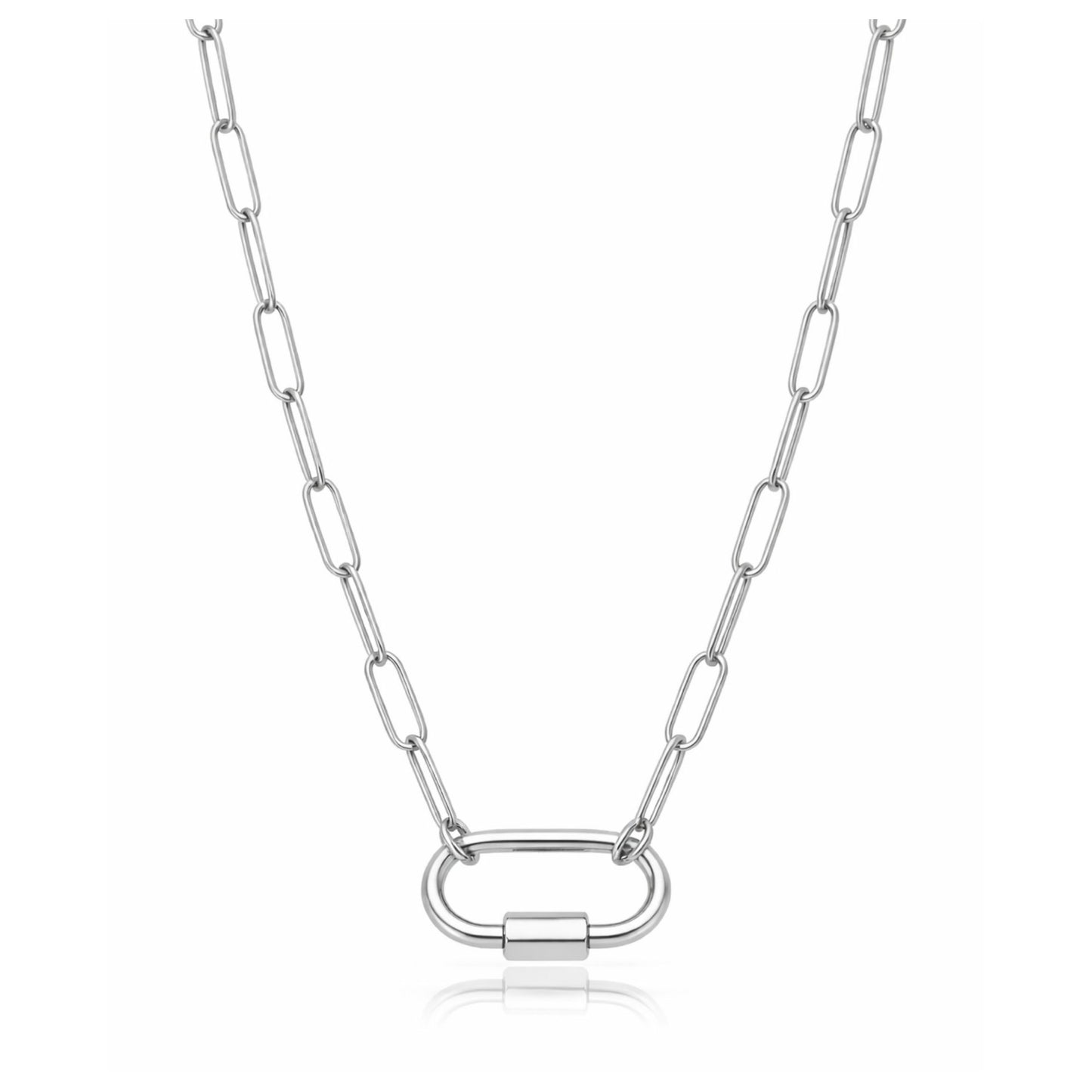PaperclipLinkOvalCarabinerCharmHolderNecklaceforWomenStainlessSteel16"-18"GingerLyneCollection_SilverTone-1