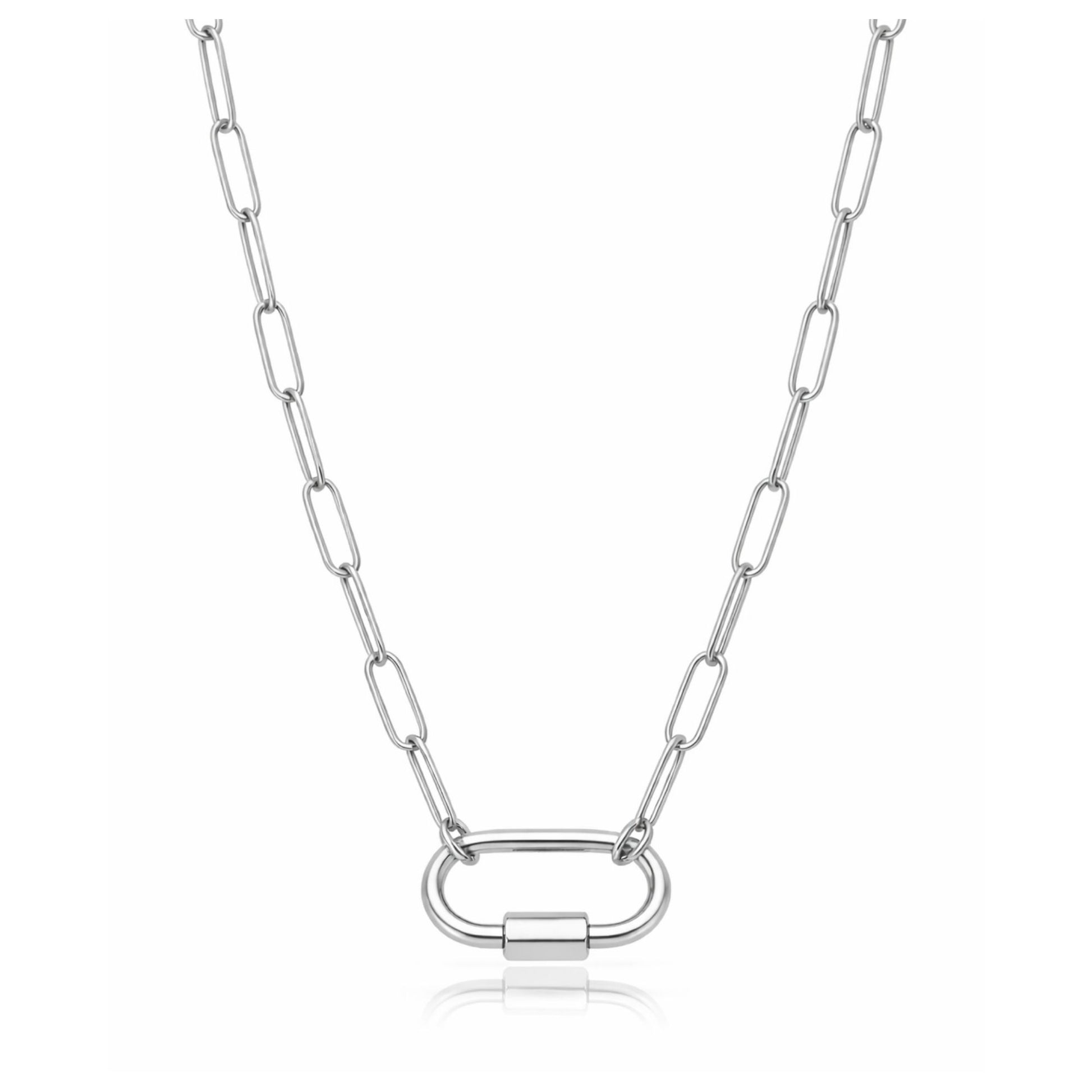 PaperclipLinkOvalCarabinerCharmHolderNecklaceforWomenStainlessSteel16"-18"GingerLyneCollection_SilverTone-1