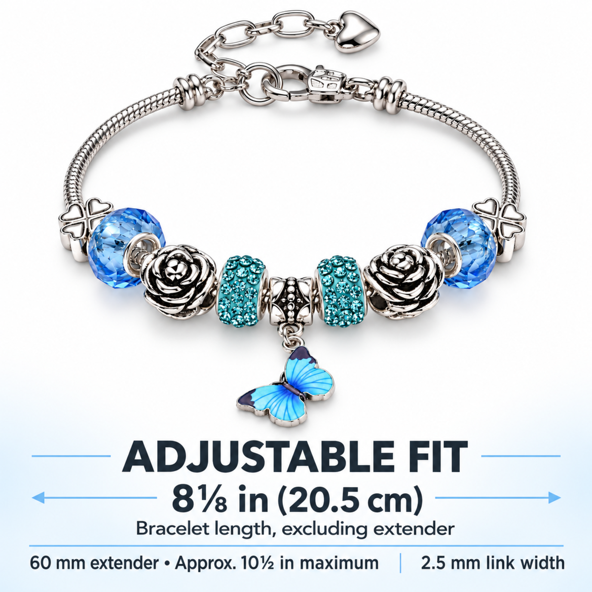 BlueButterflyCharmBraceletforWomenFourLeafCloverSnakeChainbyGingerLyne_Blue-5