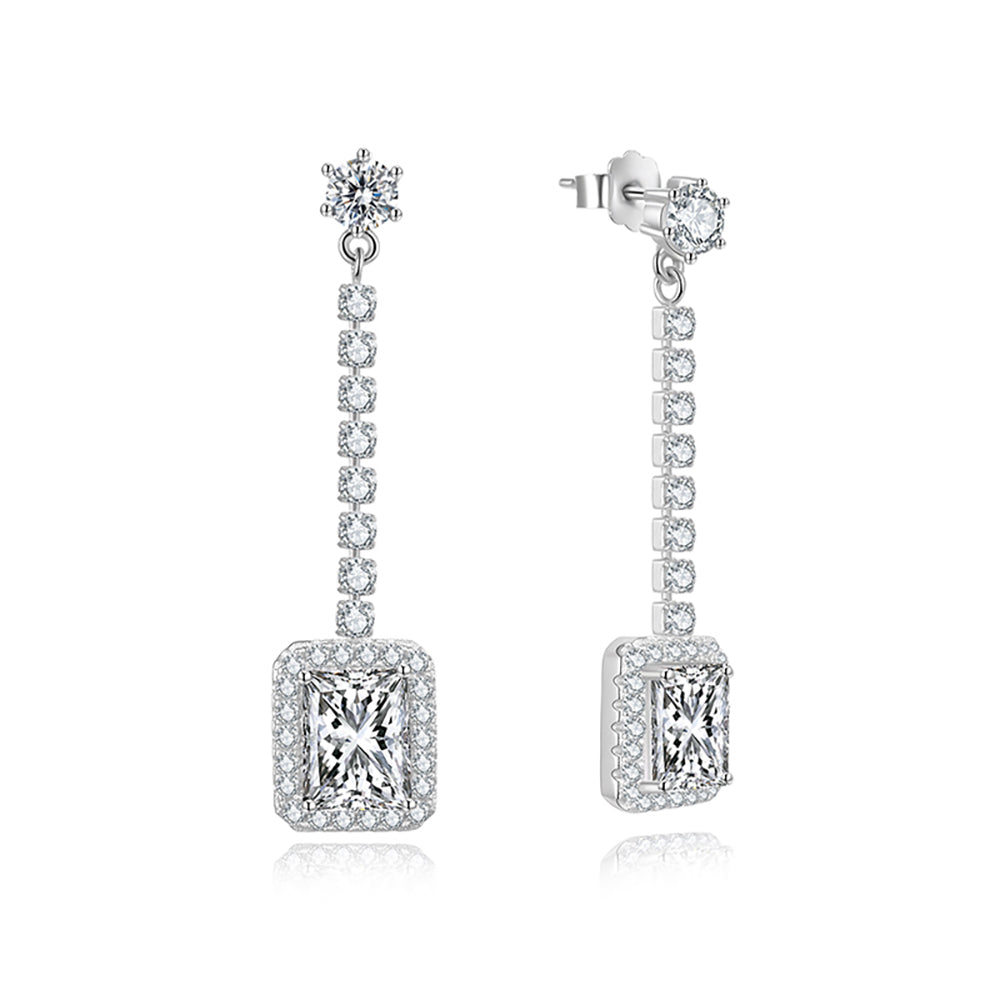 Clear Cubic Zirconia Halo Dangle Earrings for Women Sterling Silver 8x6mm Emerald Cut by Ginger Lyne - Clear