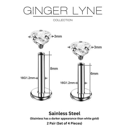 SmallHeartSolitaireFlatBackStudEarringsBodyPiercingsbyGingerLyne2Sets3mmCZStainlessSteel16g6mmand8mmLengths_Clear-3