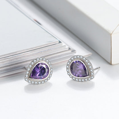 Halo Teardrop Stud Earrings for Women Sterling Silver Purple Cz Ginger Lyne Collection