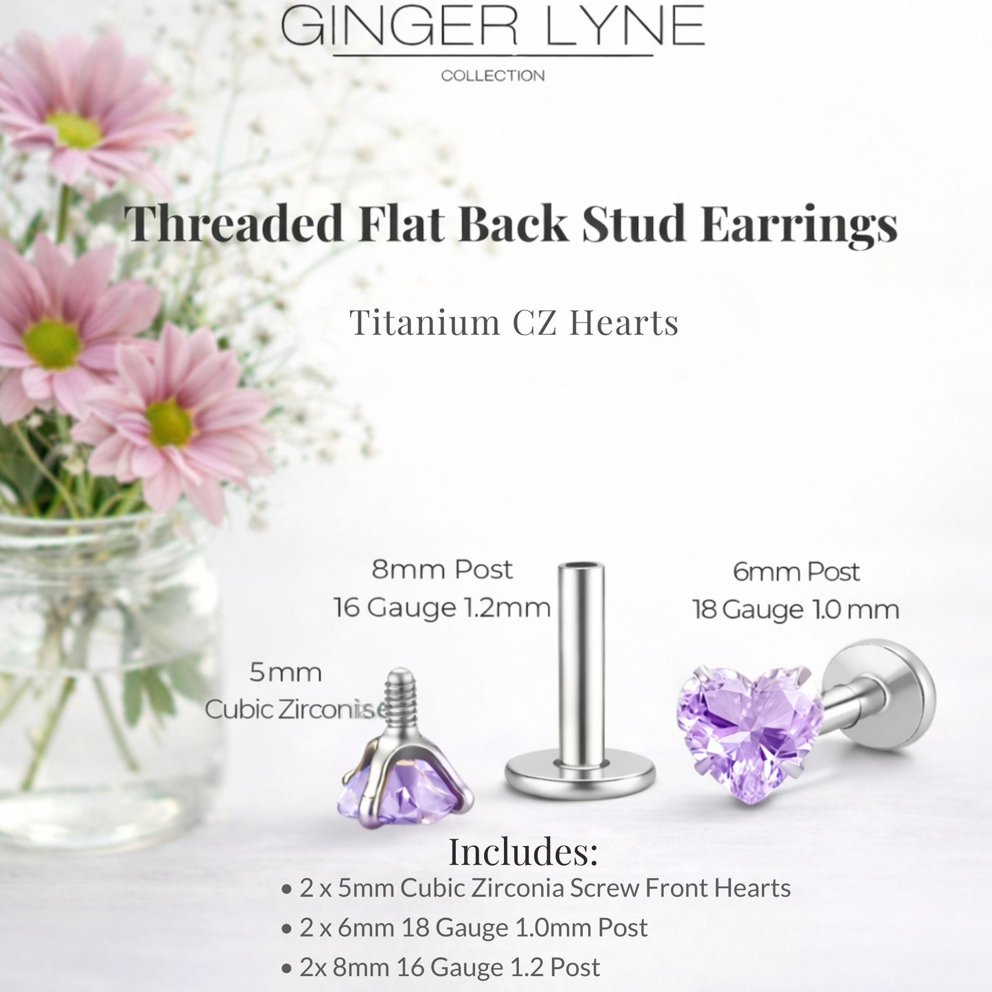 Small Heart CZ Solitaire Flat Back Stud Earrings Body Piercings by Ginger Lyne 2 Sets Post 6mm 8mm Included - 5mm-LtPurple