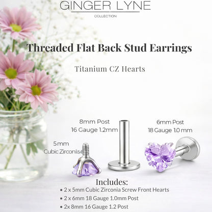 Small Heart CZ Solitaire Flat Back Stud Earrings Body Piercings by Ginger Lyne 2 Sets Post 6mm 8mm Included - 5mm-LtPurple