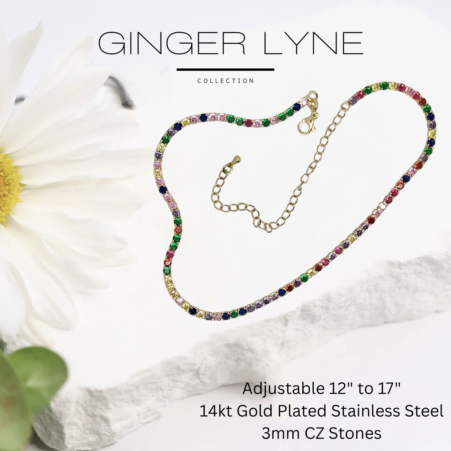 ColorfulTennisNecklaceforWomen3mmCubicZirconiaAdjustable17"Length14KGoldPlatedStainlessSteelbyGingerLyne_GoldTone-2