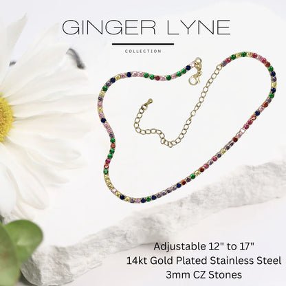 ColorfulTennisNecklaceforWomen3mmCubicZirconiaAdjustable17"Length14KGoldPlatedStainlessSteelbyGingerLyne_GoldTone-2