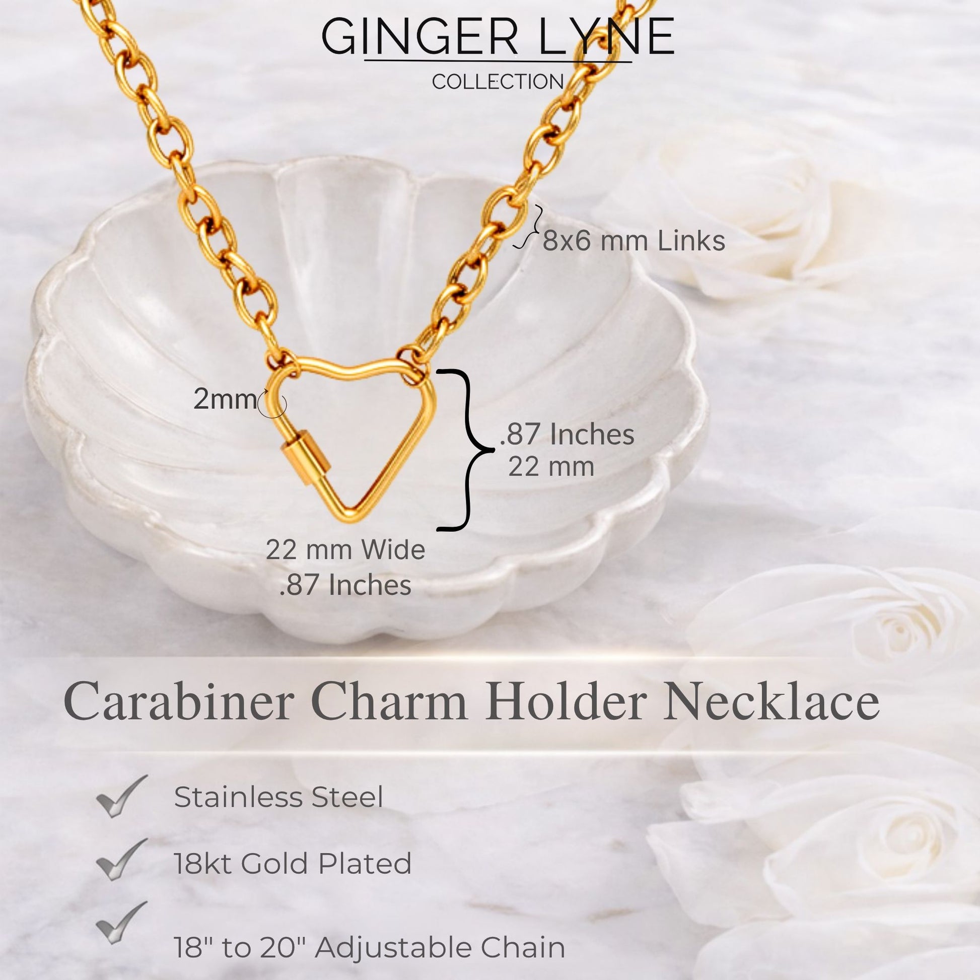 CarabinerCharmHolderNecklaceforWomenbyGingerLyneOChainSilverGoldPlatedStainlessSteel18-20"_Gold-OChain/HeartCH-5