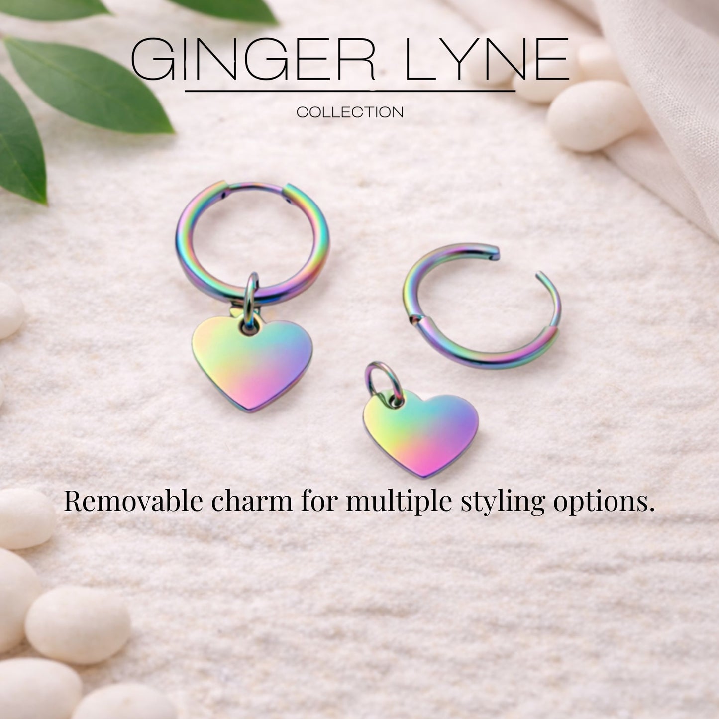 Thin Heart Charm Hoop Earrings by Ginger Lyne Stainless Steel for Lobe Cartilage Piercing Body Jewelry - Rainbow