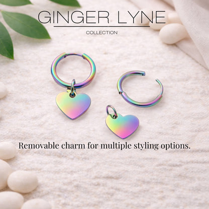 Thin Heart Charm Hoop Earrings by Ginger Lyne Stainless Steel for Lobe Cartilage Piercing Body Jewelry - Rainbow