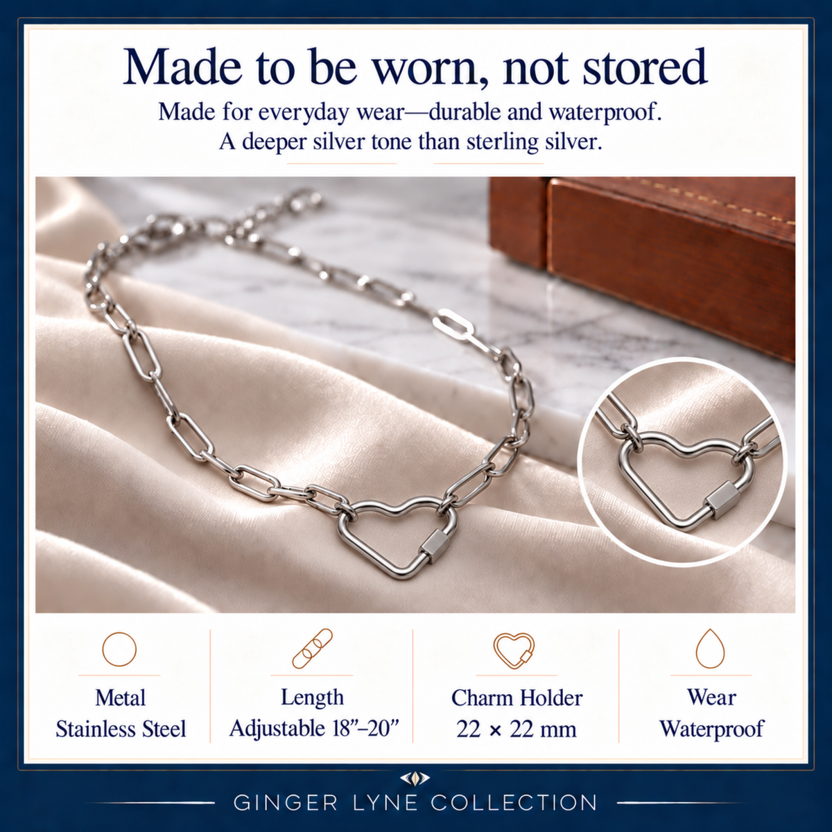 Carabiner Charm Holder Necklace for Women by Ginger Lyne 18KT Gold Plated Stainless Steel 18-20"