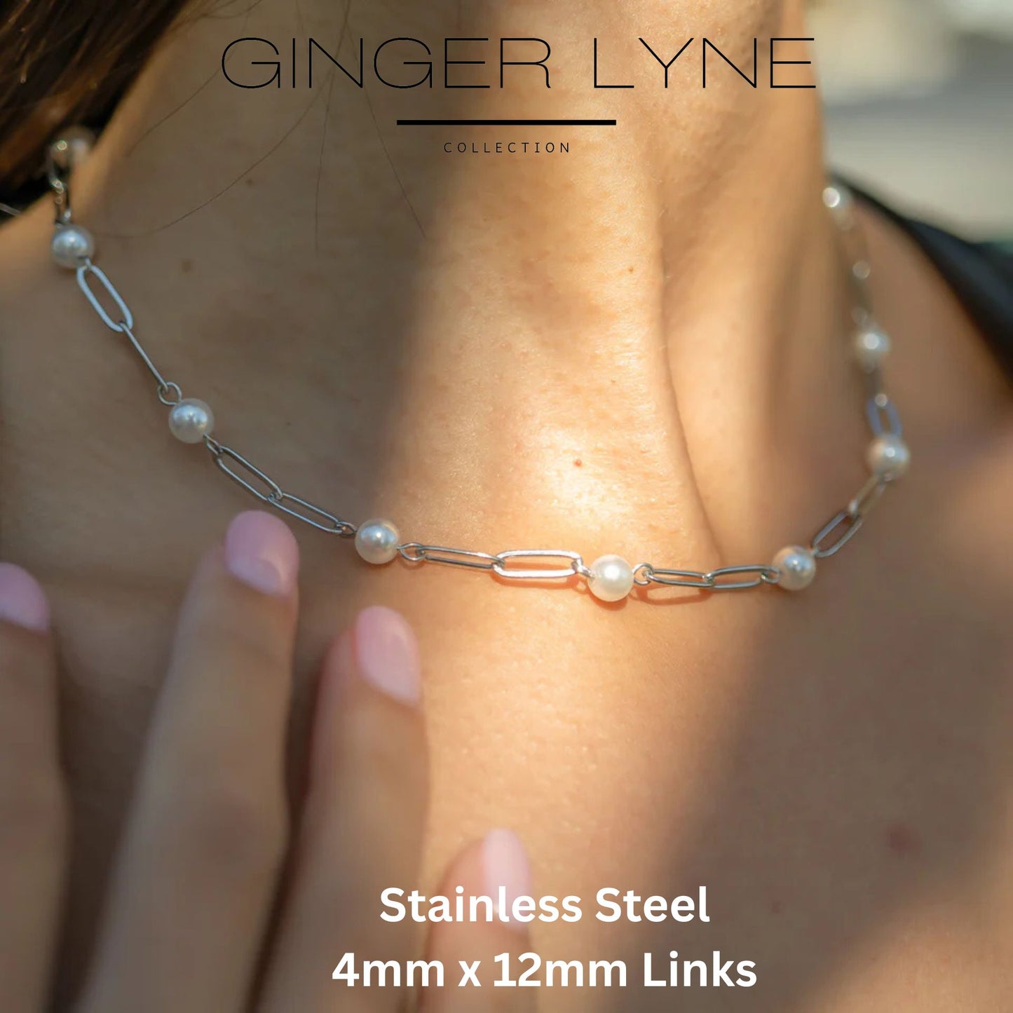 Simulated Pearl Paperclip Chain Necklace for Women Gold Stainless Steel Ginger Lyne Collection - Silver