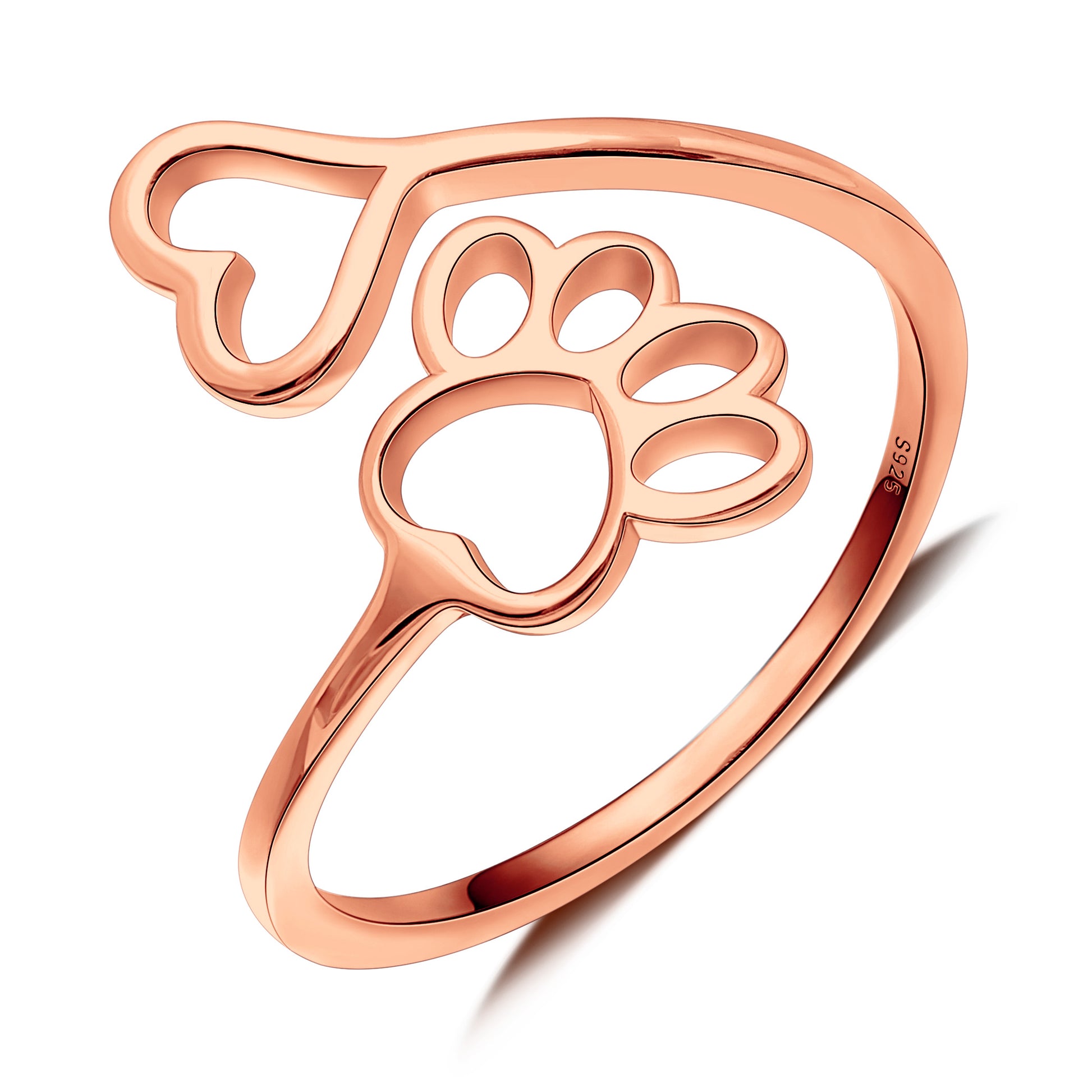 Dog Paw Print Heart Adjustable Ring Rose Gold Plated Sterling Silver Womens Ginger Lyne Collection - Rose
