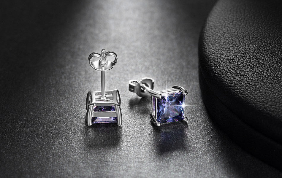 Princess 6mm Stud Earrings White Gold Plated Cz Womens Ginger Lyne Collection - Blue