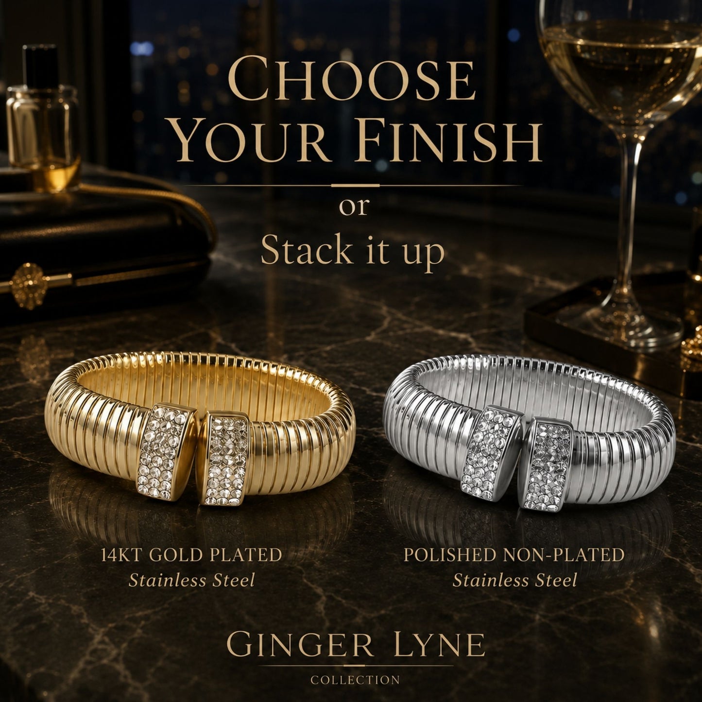 RibbedStretchBangleBraceletforWomenStainlessSteelCubicZirconiaCuffGingerLyneCollection_Gold-5