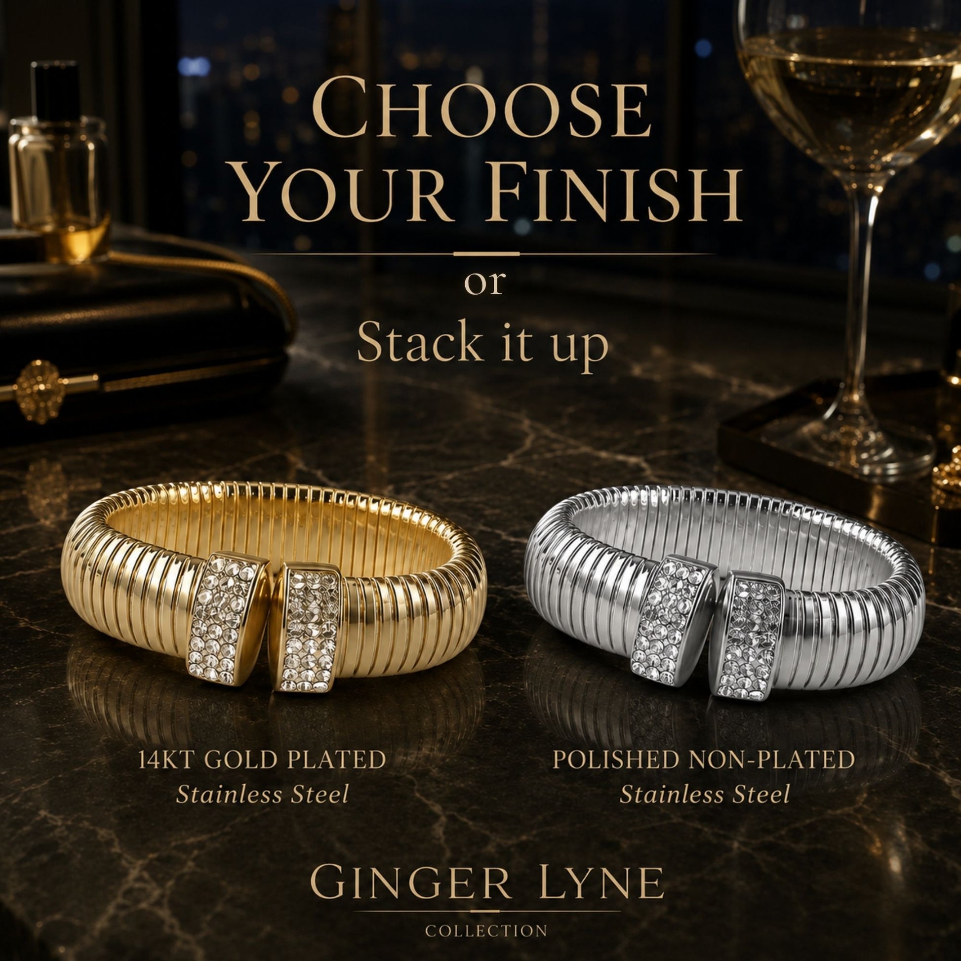 RibbedStretchBangleBraceletforWomenStainlessSteelCubicZirconiaCuffGingerLyneCollection_Gold-5