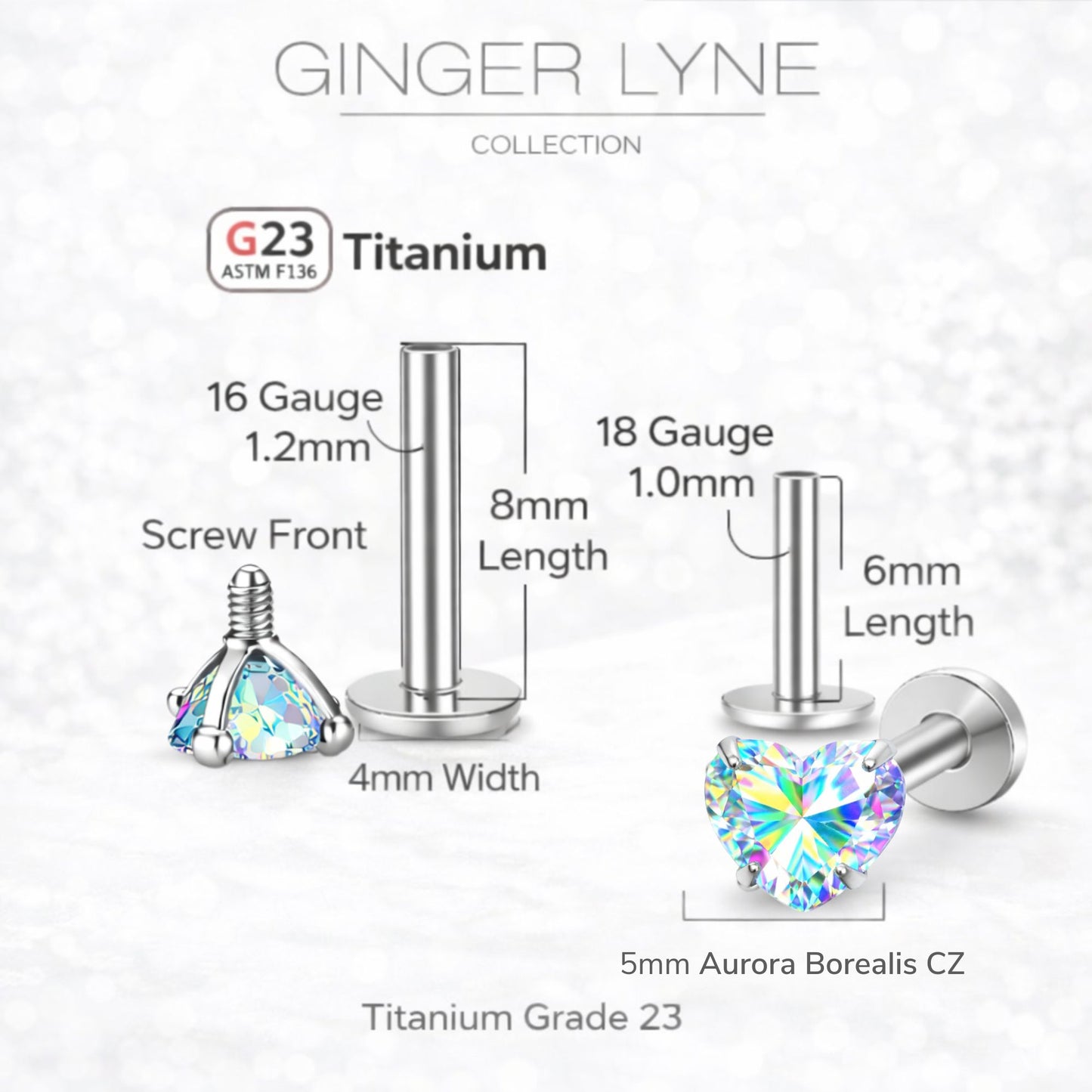 Small Heart CZ Solitaire Flat Back Stud Earrings Body Piercings by Ginger Lyne 2 Sets Post 6mm 8mm Included - 5mm-AuroraBorealis