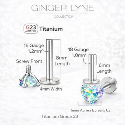 Small Heart CZ Solitaire Flat Back Stud Earrings Body Piercings by Ginger Lyne 2 Sets Post 6mm 8mm Included - 5mm-AuroraBorealis