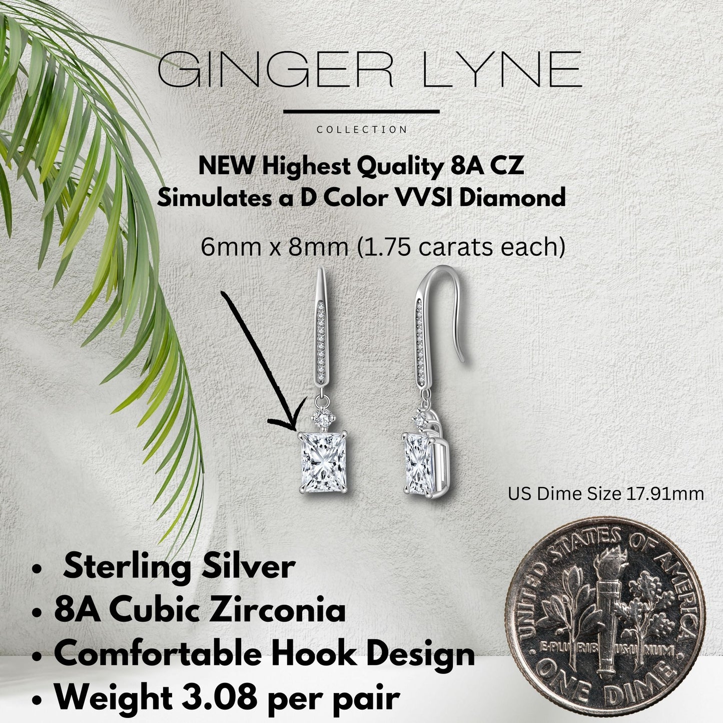 Radiant Cut Dangle Earrings for Women 8A Simulated Diamond Sterling Silver Ginger Lyne Collection