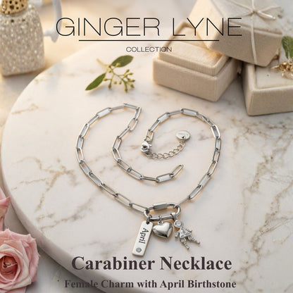 Carabiner Family Birthstone Necklace for Mom or Grandma by Ginger Lyne Stainless Steel CZ Birthday Charms_Female-April-Silver-2