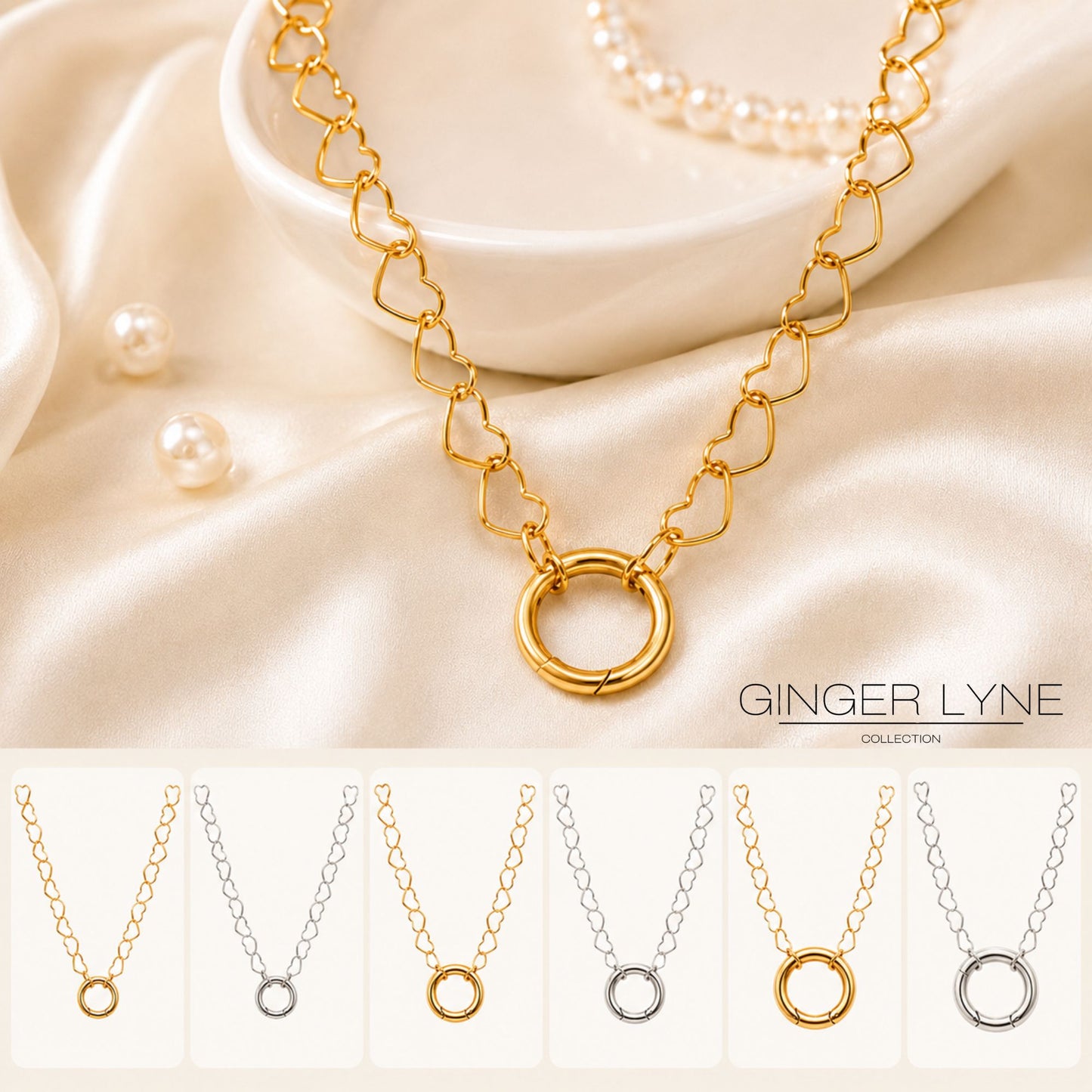 Carabiner Charm Necklace for Women Heart Chain Round Carabiner Holder Stainless Steel by Ginger Lyne - 20mm/Gold