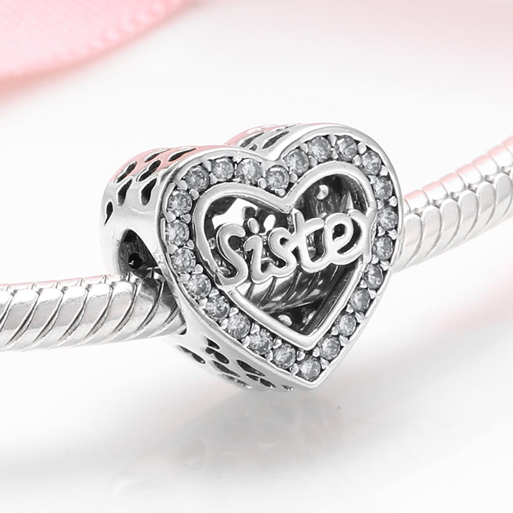 Sister Heart Charm Clear Cubic Zirconia Sterling Silver Womens Ginger Lyne Collection