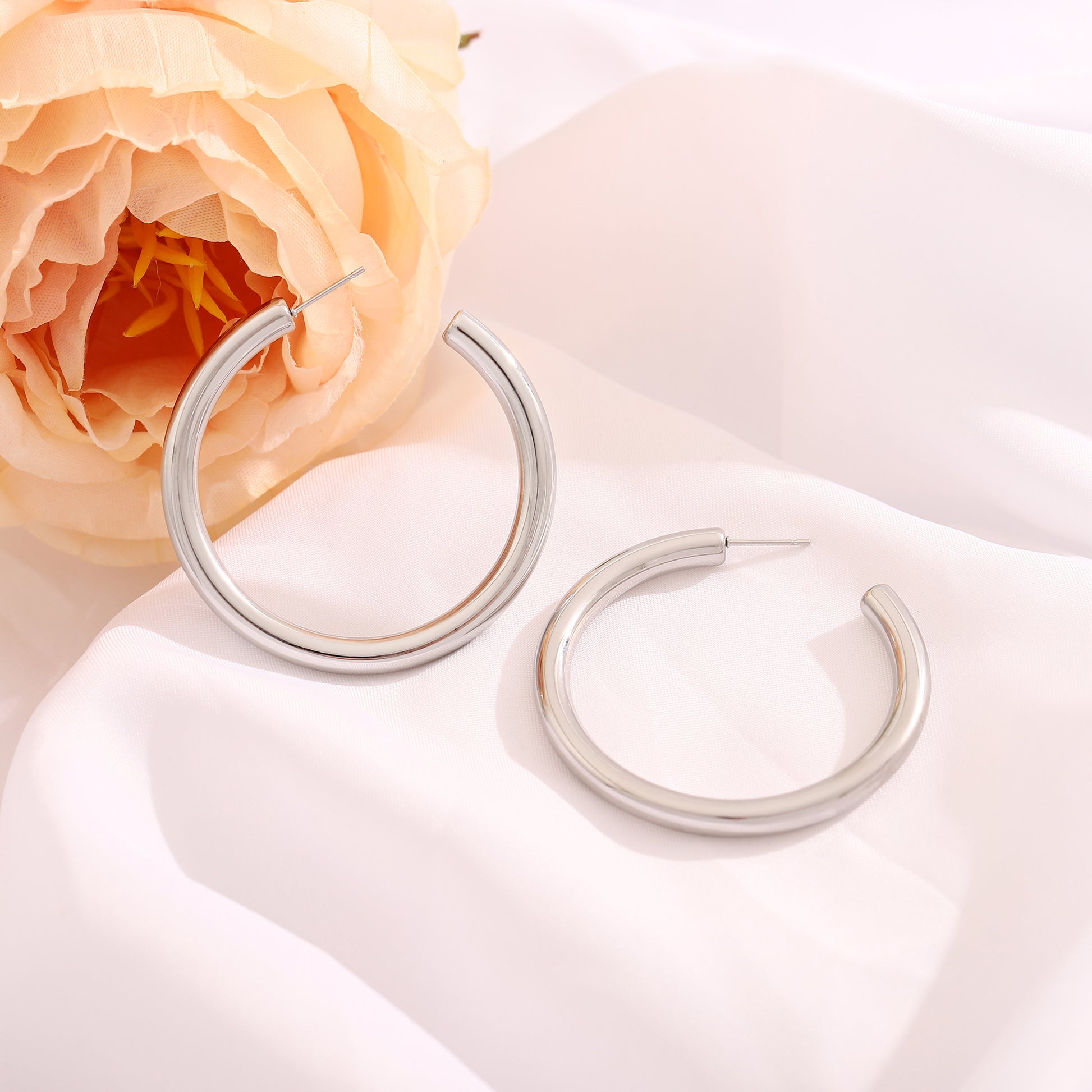 Hollow Tube Hoop Earrings for Women by Ginger Lyne 2" Stainless Steel Lightweight - Silver