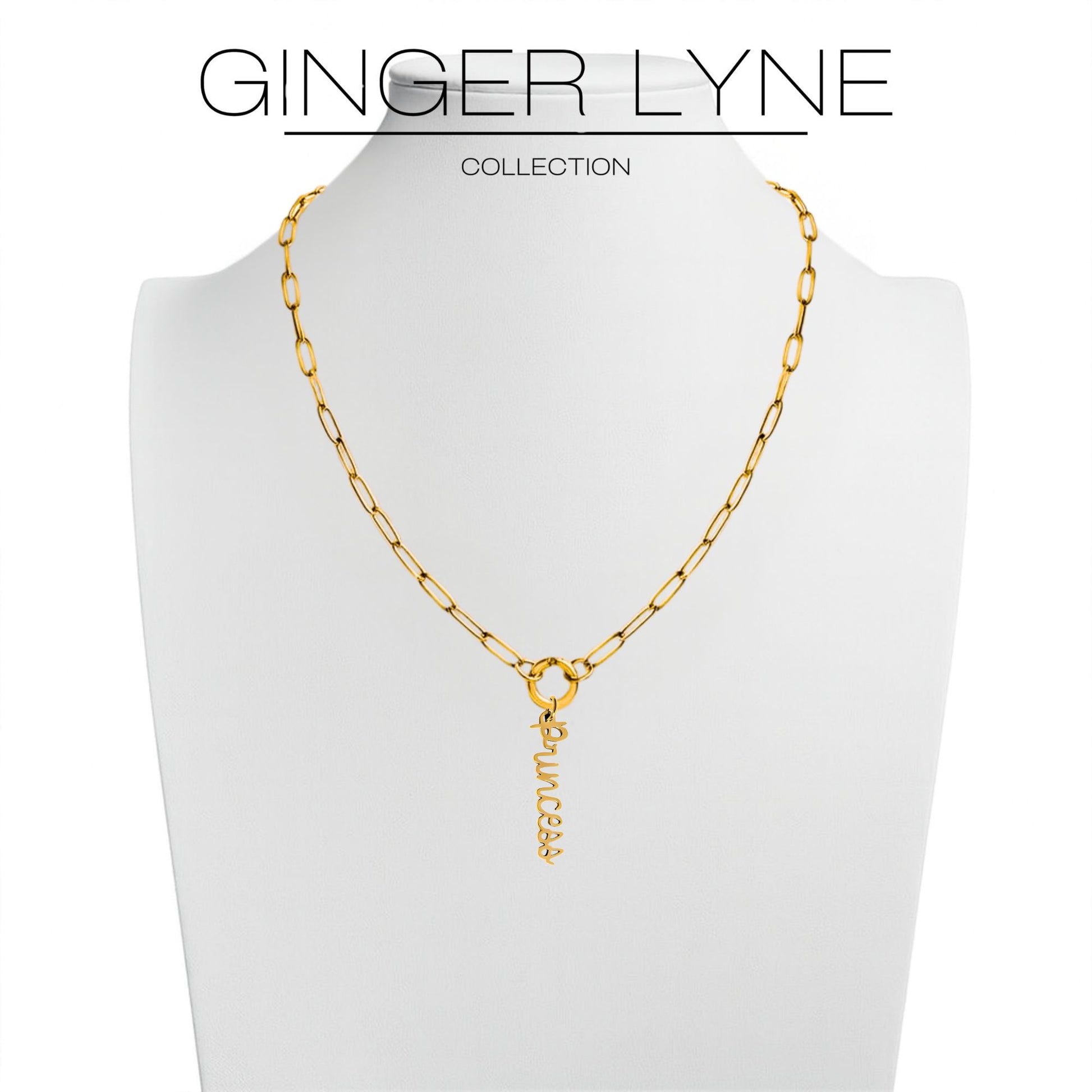 GingerLynePaperclipChainCharmHolderNecklacewithPrincessCharmforWomenStainlessSteel18-20"Adjustable_GoldTone-5