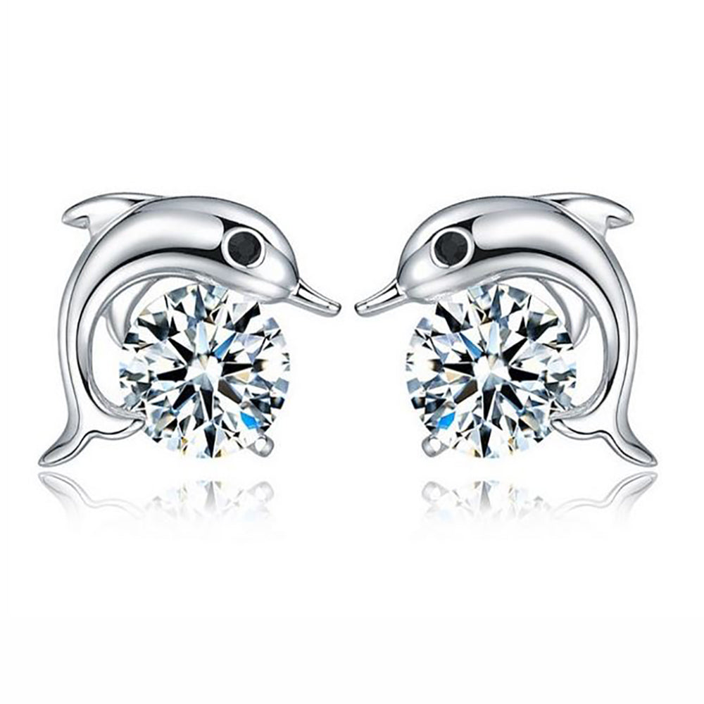 Dolphin Small Cubic Zirconia Stud Earrings for Women Girls Ginger Lyne Collection