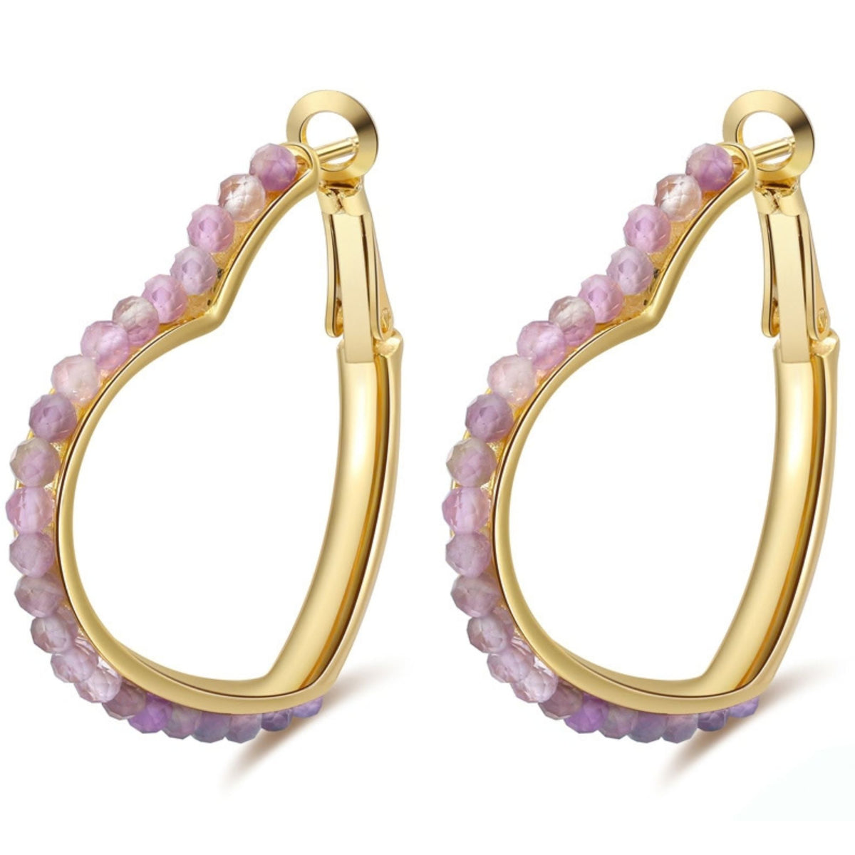 Heart Hoop Earrings for Women 14K Gold Plated Sterling Silver Natural Purple Amethyst - Purple
