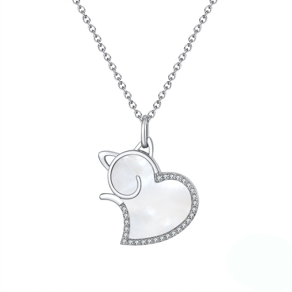 Cat Heart Pendant Necklace for Women Seashell CZ Sterling Silver Ginger Lyne Collection - Silver
