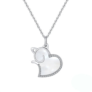 Cat Heart Pendant Necklace for Women Seashell CZ Sterling Silver Ginger Lyne Collection - Silver